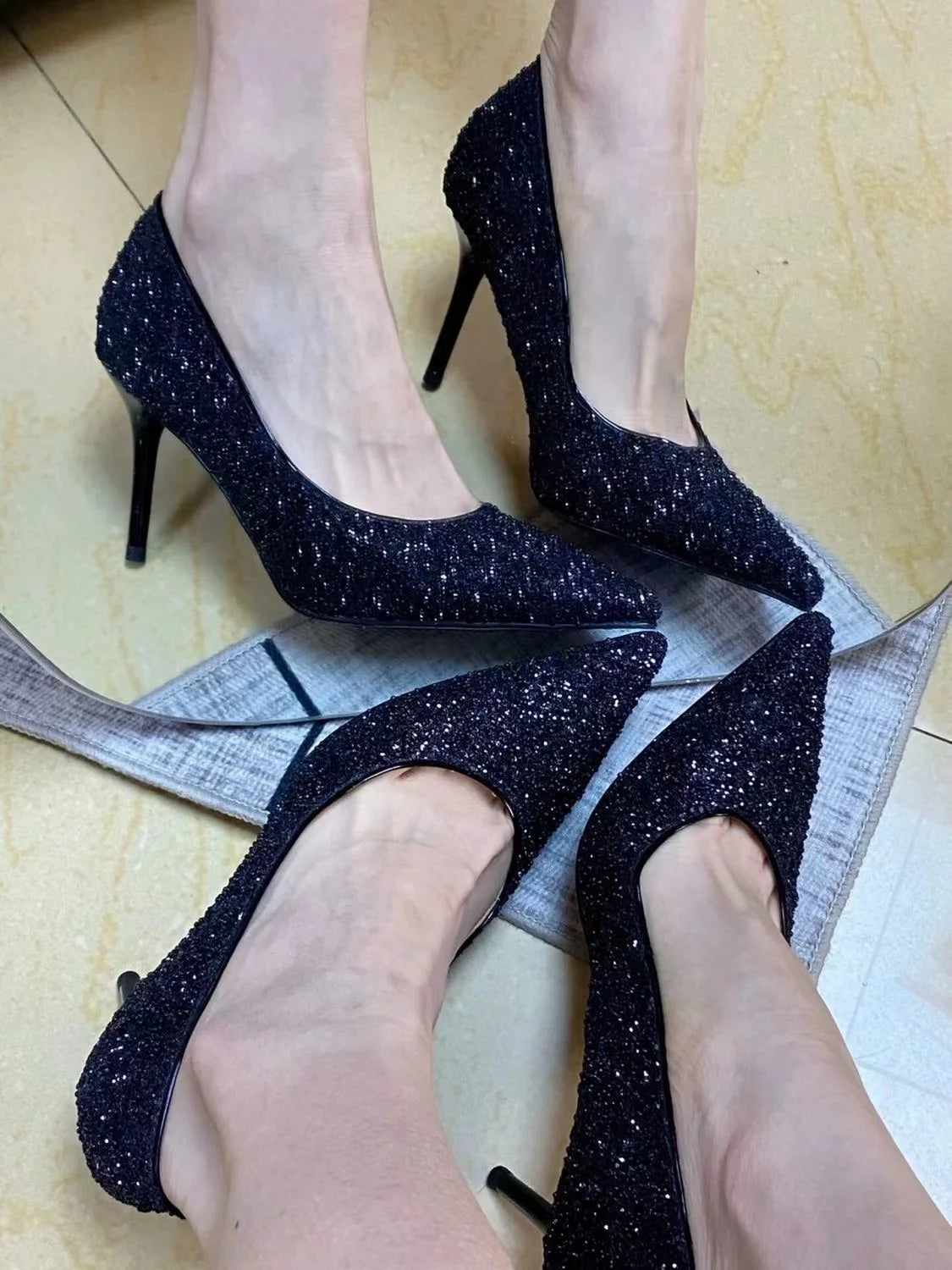 2024 European Style Sexy Nightclub Slim High Heels Women's Shoes Slim Heels High Heels Fashion Sparkly Sequin Single Shoes