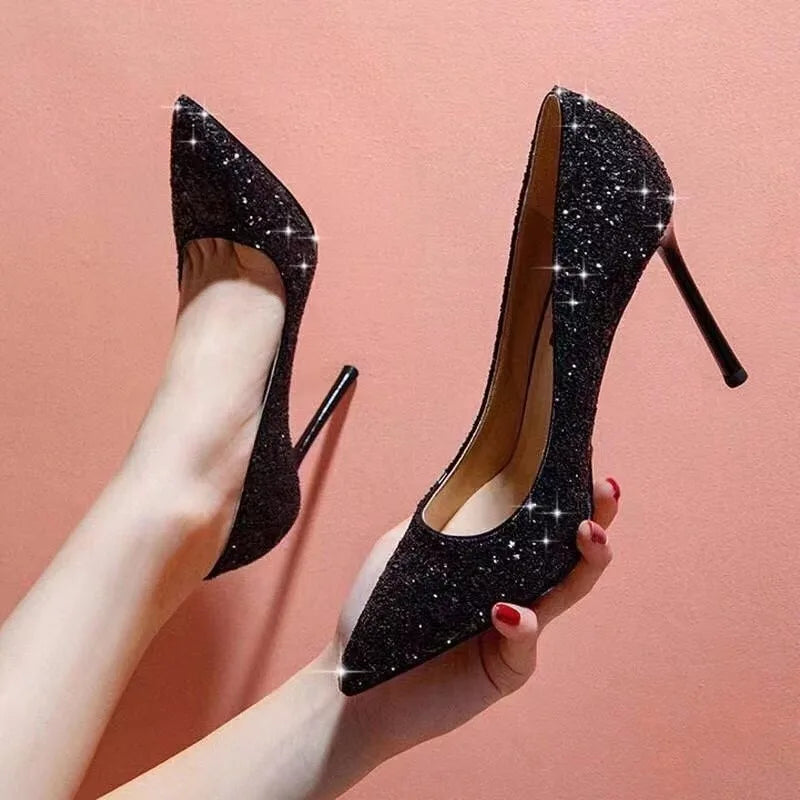 2024 European Style Sexy Nightclub Slim High Heels Women's Shoes Slim Heels High Heels Fashion Sparkly Sequin Single Shoes