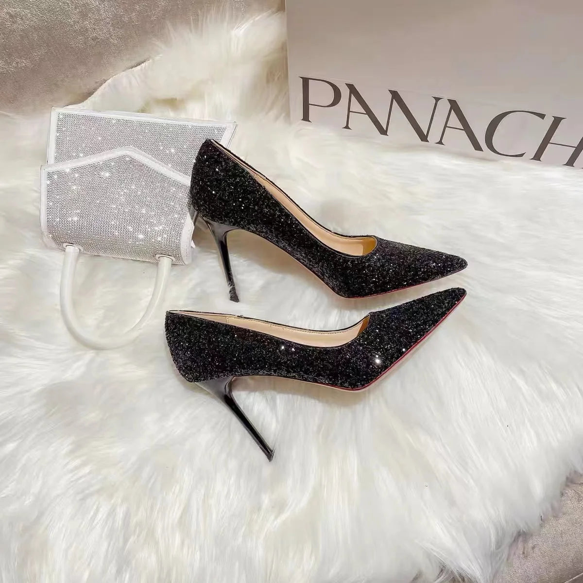 2024 European Style Sexy Nightclub Slim High Heels Women's Shoes Slim Heels High Heels Fashion Sparkly Sequin Single Shoes