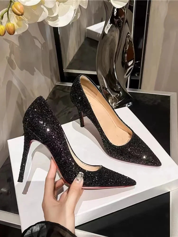 2024 European Style Sexy Nightclub Slim High Heels Women's Shoes Slim Heels High Heels Fashion Sparkly Sequin Single Shoes