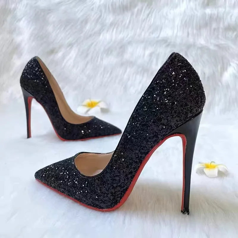 2024 European Style Sexy Nightclub Slim High Heels Women's Shoes Slim Heels High Heels Fashion Sparkly Sequin Single Shoes