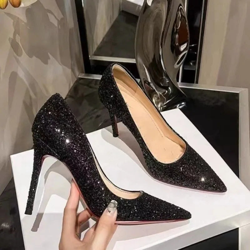 2024 European Style Sexy Nightclub Slim High Heels Women's Shoes Slim Heels High Heels Fashion Sparkly Sequin Single Shoes